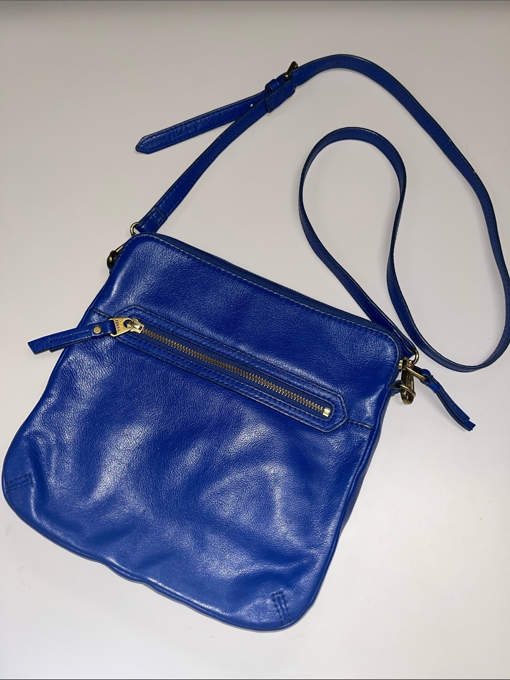 Fossil Royal Blue Leather Adjustable Crossbody Bag Brass Hardware